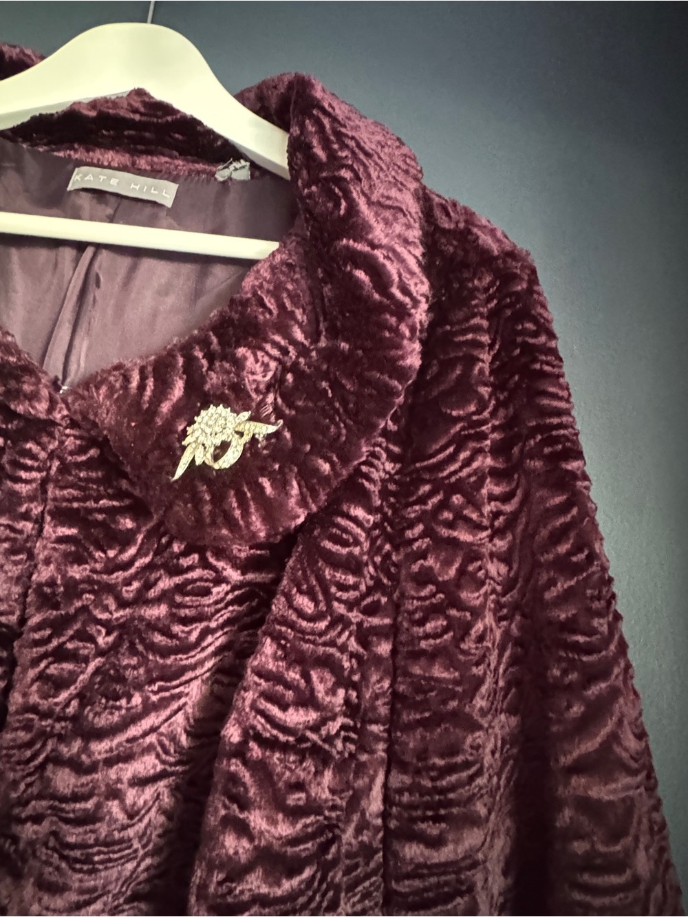 Kate Hill Burgundy Crushed Velvet Jacket with Collar Brooch